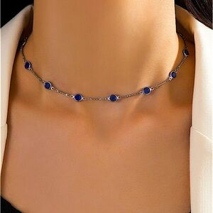 Handmade Sterling Silver Blue Sapphire Zircon Choker Necklace